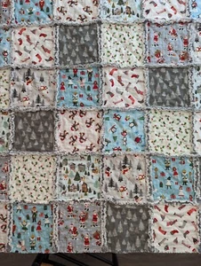 Santa Stockings Snowmen Christmas Winter Rag Quilt Throw Size Handmade - Picture 1 of 6