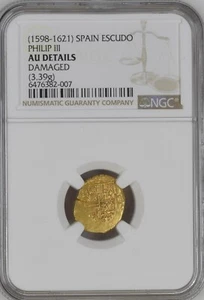 1 Escudo Spain NGC Grade AU Detaile (1598-1621) Gold Coin SHIPWRECKCOINS - Picture 1 of 5