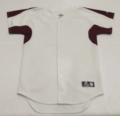 Camiseta deportiva de béisbol lisa Russell Athletics grande blanca/burgun Dri Power para jóvenes niños  Foto 1 de 4