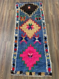 Moroccan Handmade Rug Vintage 2'8x6'6 Geometric Berber Blue Pink Cotton Carpet - Picture 1 of 11