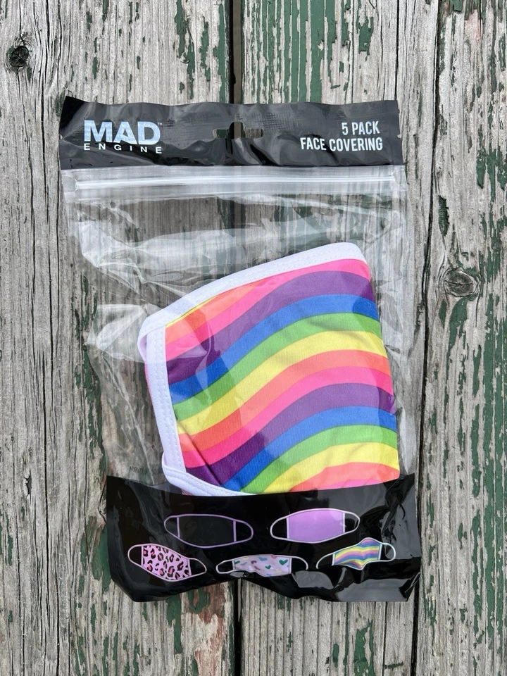 Mad Engine Adult Face Mask Cover 5 PK Washable FS Rainbow Leopard 90s