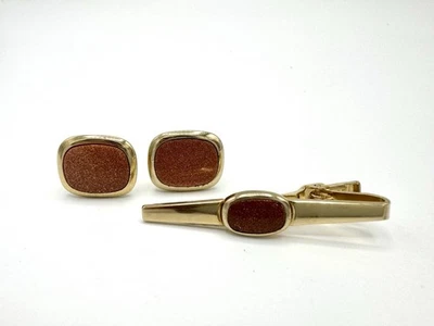 Conjunto de abotoaduras vintage Anson ouro barra de gravata clipe pedra dourada brilhante pedra do sol anos 60 70 - Imagem 1 de 4