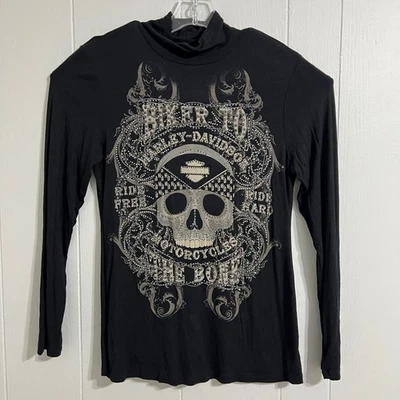 Camiseta Harley Davidson Negra Manga Larga Calavera Estrás Motociclista hasta los Huesos Mediana Foto 1 de 4