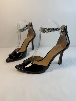 INC Jerloni Mujer Talla 8.5 Negro Charol Grueso Cadena Correa Tobillo Tacón Alto Foto 1 de 4