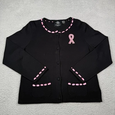 Michael Simon Breast Cancer Awareness Sweater Women L Black Pink Ribbon Cardigan - Image 1 of 4