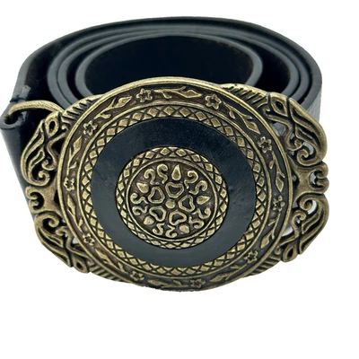 Cinturón para mujer Chico de cuero genuino latón ornamentado hebilla occidental negro M 29-33 Foto 1 de 4