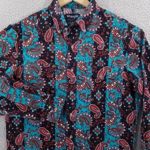 Vintage Wrangler Shirt Mens Medium 15.5 33 Teal Paisley Rodeo Aztec Southwestern - Picture 1 of 13