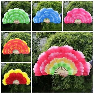 One Pair Faux Silk Bamboo Fake Flower Hand Fan Belly Dance Wedding Party Props