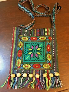 Guatamala Style Shoulder Bag Purse, Fringe & Beading 9" x 9", Zippered - Picture 1 of 7