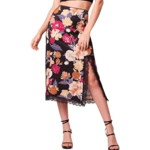 New Band of the Free Floral Print Lace Slit Slip Midi Skirt Black Multi Size XS - Picture 1 of 20