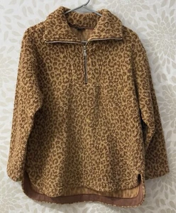 Ann Taylor Women’s S Brown Leopard Print 1/4 Zip Sherpa Fleece Pullover Jacket - Picture 1 of 9