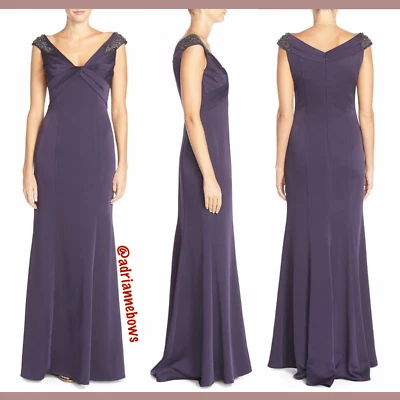 NWT Adrianna Papell Pleat Off Shoulder Crepe Gown in Prune Purple [SZ 6 ] #N610 - Image 1 of 4