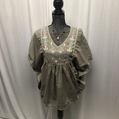 Relativity Embroidered Cotton Boho Top Womens Size Large Olive Green V-Neck - Image 1 of 4