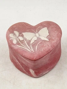 Vtg Incolay Style Stone Heart Butterfly Flower Jewelry Trinket Rose&Wht Bx w/Lid - Picture 1 of 8