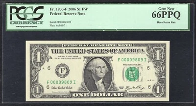 FR. 1933-F 2006 $1 FW FRN ATLANTA, GA “LOW SERIAL #9809” PCGS GEM UNC-66PPQ - Image 1 of 2