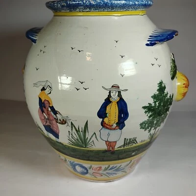 Antique HB Quimper Faience Vase Hand Painted Breton Scene Lemon Handles 13'' - Image 1 of 4