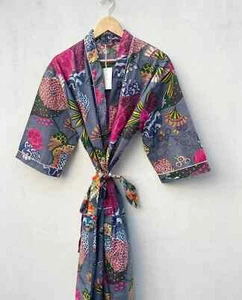Batas de algodón con estampado floral gris indio kimono largo ropa de dormir kimono de noche - Imagen 1 de 4