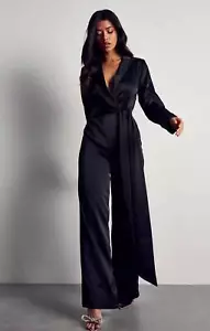 Misspap Womens Black Satin Jumpsuit Wrap Style V-Neck Long Sleeve RRP £75 - Picture 1 of 24