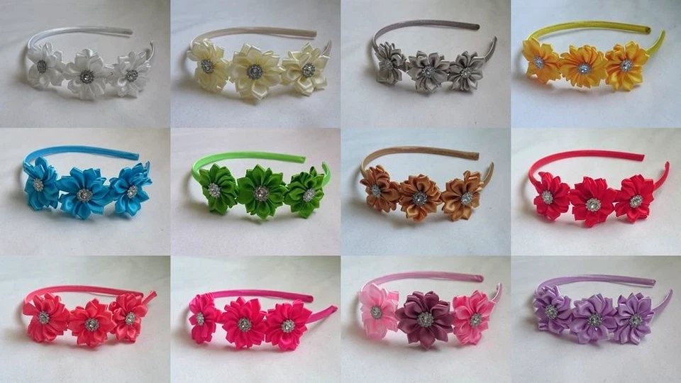 Satin Triple Flower Aliceband Headband with Gem Diamante Centre  - Image 1 of 1