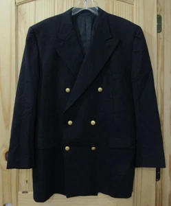 Burberry Blazer Mens 44 Navy Blue Wool Gold Crest Buttons Double Breasted Coat - Picture 1 of 16