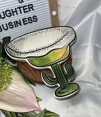 Plato de cerámica de cactus Margarita arte arcilla - divertido servidor de novedad - verde y amarillo Foto 1 de 2