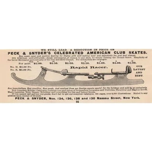 1891 Peck Snyder Rapid Racer Club Ice Skates Print Ad Vintage Adjustable Clamps - Picture 1 of 1