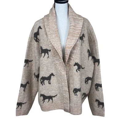 Lucky Brand 全新带标签 $119 马印花米色开衫毛衣披肩领女式 XL — 第 1/4 张图片