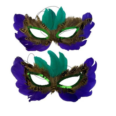 Purple/ Green 2 Feather Masquerade Ball Mardi Gras Halloween Mask Costume A18G - Image 1 of 4