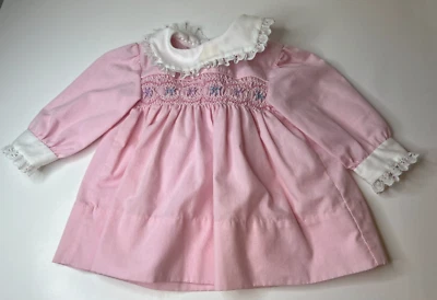 Vintage Carrousel Infant Pink Hand Smocked Dress Lace Edges Tie Back 12M - Image 1 of 4
