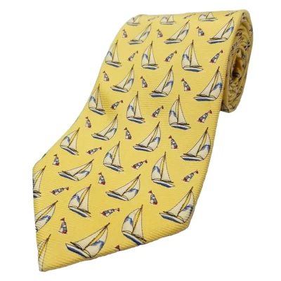 Lands' End Luxury Tie Silk Yellow Nautical Sailboats Necktie 65" Long 4" Wide - Image 1 of 4
