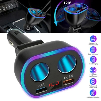 DC 12V LED 2 Way Car Cigarette Lighter Socket Splitter Dual USB Charger Adapter - Image 1 of 4