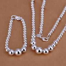 Fashion 925Sterling Solid Silver Beads Bracelet Necklace Jewelry Sets S080