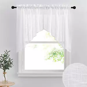 Short Kitchen Valances and Curtain Set, Privacy White Linen Swag Curtains, Semi - Picture 1 of 12