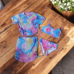 Girl's 4 Pieces Tie Dye Swimsuits Spaghetti Strap Bathing Suits with Coverup Top - Picture 1 of 1