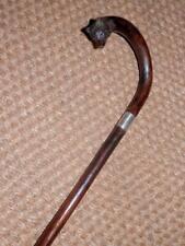 Antique Hand-Carved Fox Head Crook Handle Walking Stick/Cane - H/M Silver 1931