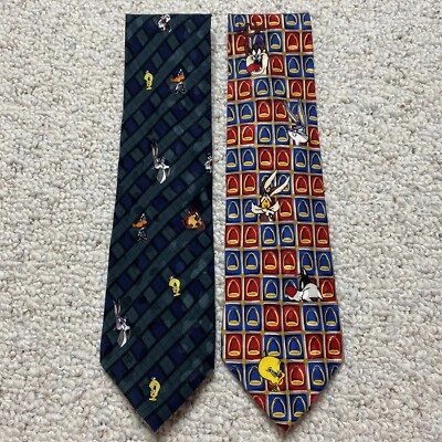 Looney Tunes Mania Mens Ties Set of 2 Green Plaid Red Blue Checked VINTAGE - Image 1 of 4