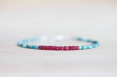 Rubino e Turchese pietre preziose perline argento sterling 925 bracciale... - Immagine 1 di 4