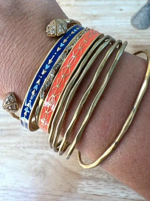 Stella & Dot Gold Bangle Bracelet Stack With Blue & Coral Enamel Rhinestone Acce - Image 1 of 4