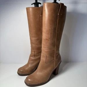 Lucky Brand Tuscany Rider Boho Chunky Heel Tan Leather Tall Boots Sz 8 or 8.5 - Picture 1 of 9