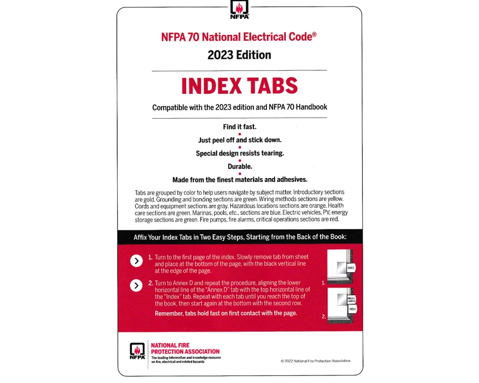 NFPA 70 2023, National Electrical Code (NEC) or Handbook Self-Adhesive Index Tab - Image 1 of 1