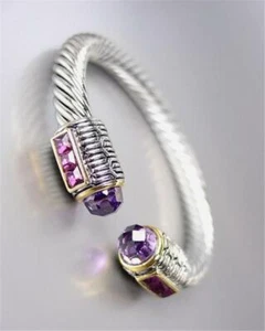 18kt Gold Plated Balinese Cable Filigree Purple Amethyst Crystals Cuff Bracelet - Picture 1 of 4