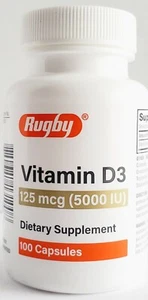 Rugby Vitamin D3 5000 IU (125mcg) 100 Capsules - Exp Date 05-2026 - Picture 1 of 3