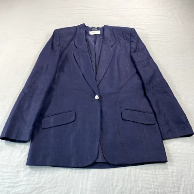 复古休闲转角西装外套女式 10 蓝色亚麻运动外套夹克肩垫 — 第 1/4 张图片