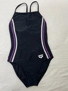 Arena Girls Racerback Black Swimsuit With White And Purple Stripes US Size 26 - Picture 1 of 3