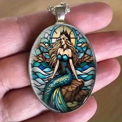 Collar Colgante Sirena Ovalado Joyería Vintage Plateado Gótico Fantasía B Foto 1 de 4