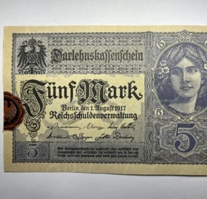 Billete de banco 1917 del Imperio Alemán de cinco marcos con sello de cera de águila roja - muy raro - Imagen 1 de 12