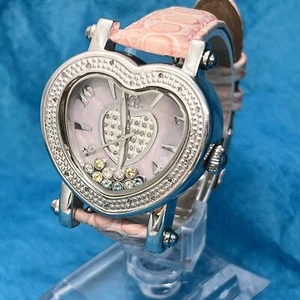TECHNO MASTER Watch-58 DIAMONDS, Floating HEART Shape Bezel & Pink Leather Band - Picture 1 of 16
