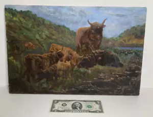 Antique Small Original Oil Painting -Impressionist Landscape, Cows, Livestock - Picture 1 of 11