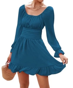 LYANER Women's Square Neck A line Long Sleeve Mini Dress Blue- M/L - Picture 1 of 8