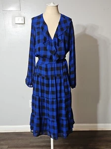 Lauren Ralph Lauren Blue Women Buffalo Check Belted Georgette Dress Size 6 - Picture 1 of 9